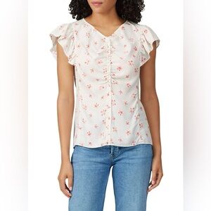 Rebecca Taylor Maui Fleur Silk Dot Ruched Flutter Sleeve Blouse Sz 8